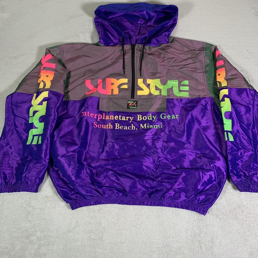 Vintage Surf Style Jacket Mens XL Purple 1/4 Zip Windbreaker Interplanetary